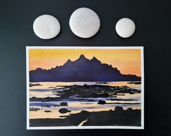 Original AWATERELL "Vagakallen sunset" || A6 || Abotonado a mano || Postal || Decoración mural || Tabla de estado de ánimo