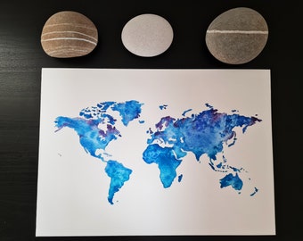 Original AQUARELL "Weltkarte" // A4 // Handgemachte Kunst // Reise // Wanddekoration // Mood Board // Inspirierender Arbeitsplatz
