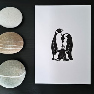 LINOPRINT Penguin Family || A5 || Handmade Original Wall Art || Nursery Art || Marine Life || Arctic Animals