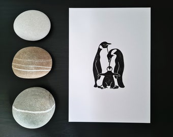 Familia de pingüinos LINOPRINT // A5 // Arte mural original hecho a mano // Arte de vivero // Vida marina // Animales árticos