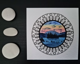 AcuARELA original Mandala Painting "Sunset in Maine" // 10cm // Handmade Tiny Art // Postal // Decoración de pared // Mood Board // Geométrico