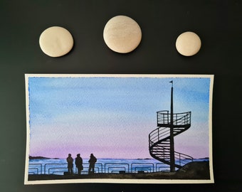 Pintura original en ACUARELA "Blue Hour" // 19cm // Arte hecho a mano // Postal // Decoración de pared // Mood Board // Espacio de trabajo inspirador