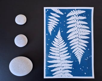 Cianotipia original "Helechos 2" // A5 // Arte hecho a mano // Impresión solar // Decoración de pared // Tablero de inspiración // Espacio de trabajo inspirador // Lámina botánica