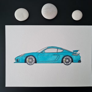 ACUARELA original y pintura de marcadores "Porsche Cayman GT4" // A5 // Arte hecho a mano // Entusiasta de los automóviles // Decoración de paredes // Mood Board