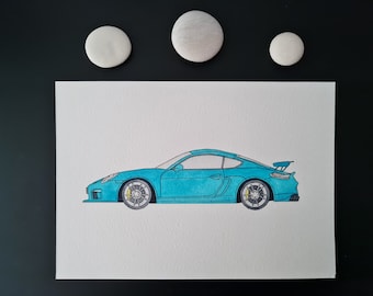 ACUARELA original y pintura de marcadores "Porsche Cayman GT4" // A5 // Arte hecho a mano // Entusiasta de los automóviles // Decoración de paredes // Mood Board