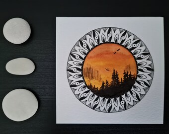 AcuARELA original Pintura de mandala "Orange Foggy Sky" // 10cm // Arte pequeño hecho a mano // Postal // Decoración de pared // Mood Board // Geométrico