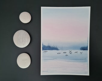 Pintura original de ACUARELA "Winter Morning" // A6 // Arte pequeño hecho a mano // Postal // Decoración de pared // Mood Board // Espacio de trabajo inspirador