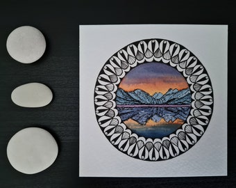 Original Aquarell Mandala Malerei "Arctic Sunset" // 10cm // Handgeknöpfte // Postkarte // Wanddekoration // Stimmungstafel // Geometrische