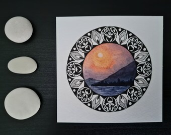 Original Aquarell Mandala Malerei "Mystic Light" // 10cm // Handgeknöpfte // Postkarte // Wanddekoration // Stimmungstafel // Geometrische