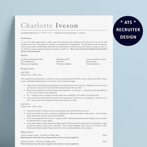 May include: A black and white resume template with the name Charlotte Iveson at the top. The resume includes sections for summary, skills, experience, and education.