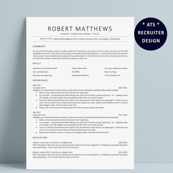 Resume Template Project Manager - Etsy
