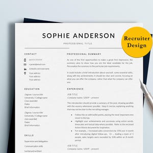 May include: A professional resume template with the name "SOPHIE ANDERSON" at the top. The resume includes sections for contact information, professional summary, education, experience, and skills. A yellow circle with "Recruiter Design" is in the upper right corner.