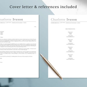 May include: A black and white cover letter and references template with the text "Cover letter & references included" at the top. The template includes a section for the applicant's name, contact information, and a cover letter. The references section includes space for the applicant to list their references' names, positions, companies, and contact information.