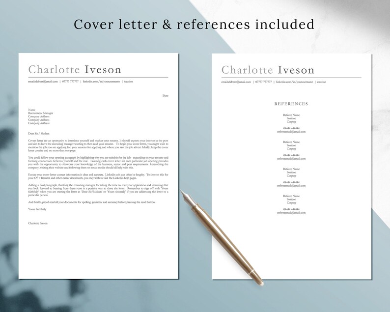 May include: A black and white cover letter and references template with the text "Cover letter & references included" at the top. The template includes a section for the applicant's name, contact information, and a cover letter. The references section includes space for the applicant to list their references' names, positions, companies, and contact information.