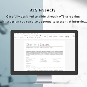 May include: A computer screen displaying a resume template with the title "ATS Friendly" and the text "Carefully designed to glide through ATS screening, with a design you can also be proud to present at interview." The resume is for Charlotte Iveson and includes sections for Summary, Skills, Experience, and Job Title.