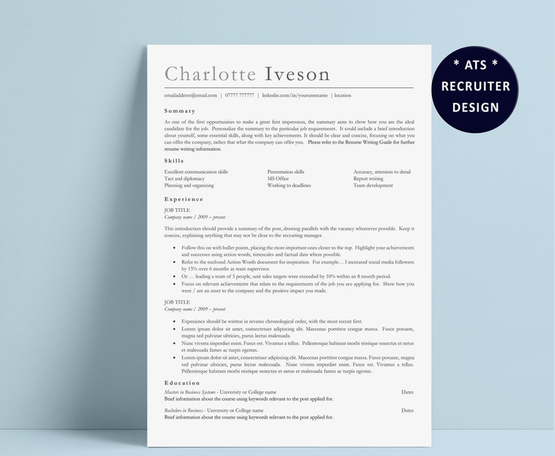 May include: A black and white resume template with the name Charlotte Iveson at the top. The resume includes sections for summary, skills, experience, and education.