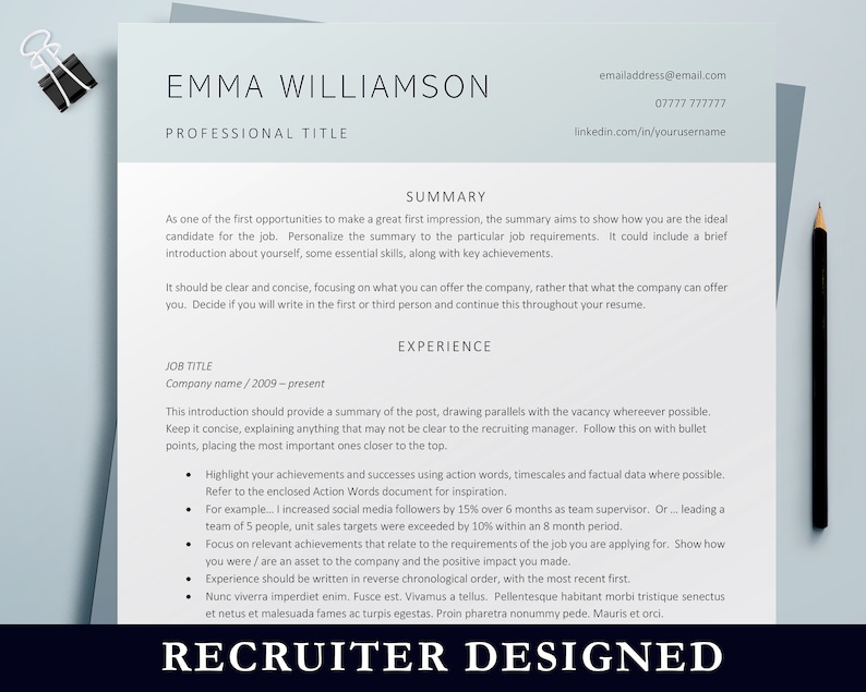 Professional Resume Template Instant Download, Modern Resume Template, Marketing Resume Template Word, Creative Resume Template, CV Template