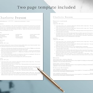 May include: A two-page resume template with a professional design. The resume includes a summary, skills, experience, education, and professional development sections. The resume is for Charlotte Iverson.