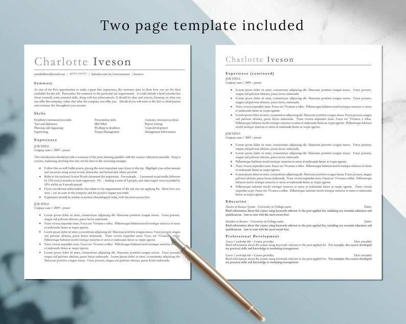 May include: A two-page resume template with a professional design. The resume includes a summary, skills, experience, education, and professional development sections. The resume is for Charlotte Iverson.