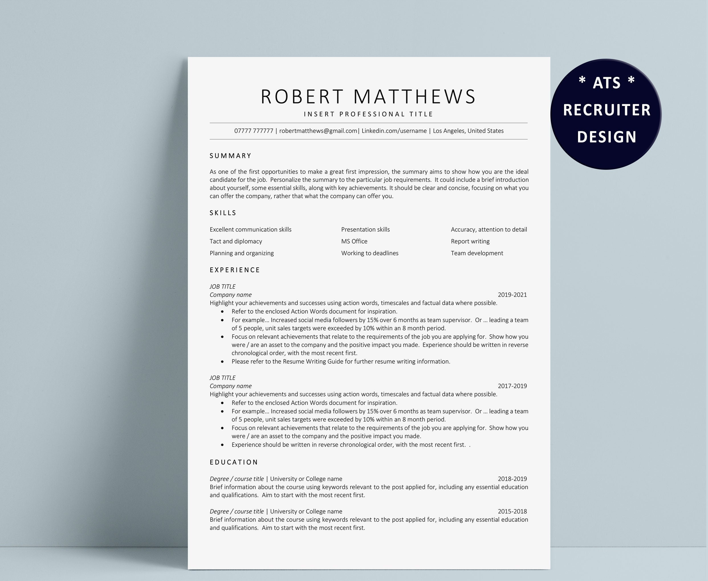 ATS Friendly Resume Template For Word ATS CV Template Simple Etsy UK