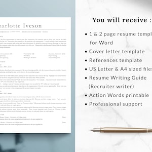 May include: A resume template for Word with a cover letter, references template, and a resume writing guide. The document is available in US Letter and A4 sizes. The text "You will receive" is at the top of the page.