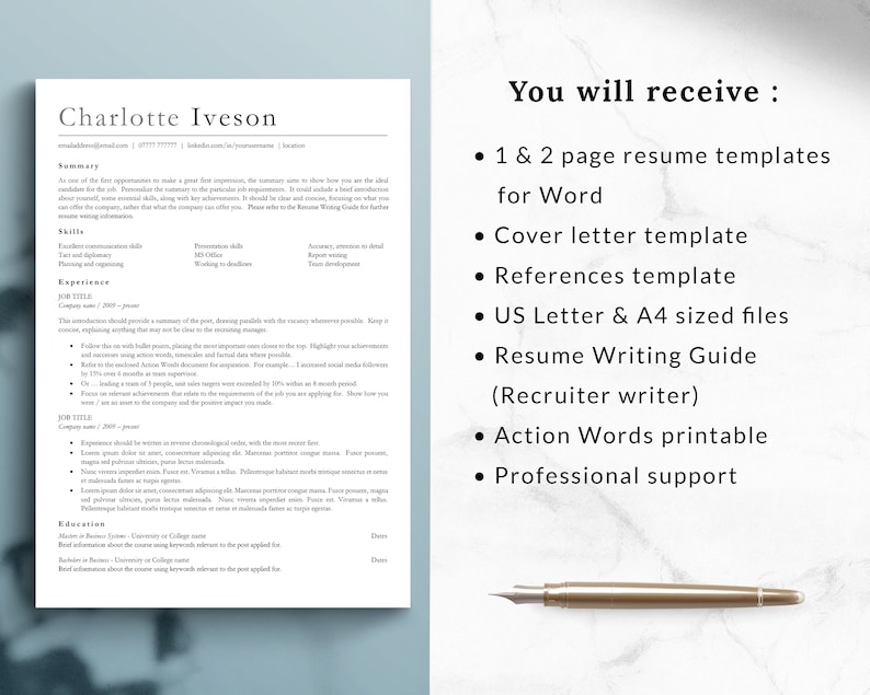 May include: A resume template for Word with a cover letter, references template, and a resume writing guide. The document is available in US Letter and A4 sizes. The text "You will receive" is at the top of the page.