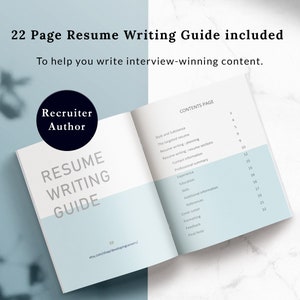 May include: A 22-page resume writing guide with a blue and white cover. The cover features the text "Resume Writing Guide" and "Recruiter Author". The contents page lists the topics covered in the guide, including style and substance, the targeted resume, resume writing, resume sections, contact information, professional summary, experience, education, skills, additional information, references, cover letter, formatting, feedback, and final notes.
