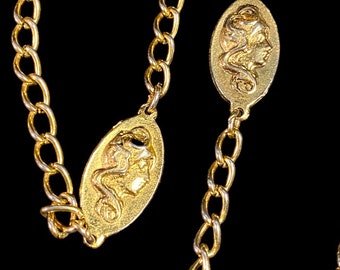 Vintage Long 50" Gold Tone Necklace with Woman Cameo Medallions Retro Estate Jewelry