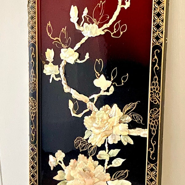 Vintage Red and Black Lacquer Mother of Pearl Floral Wood Panel  Asian Art  Oriental Home Decor