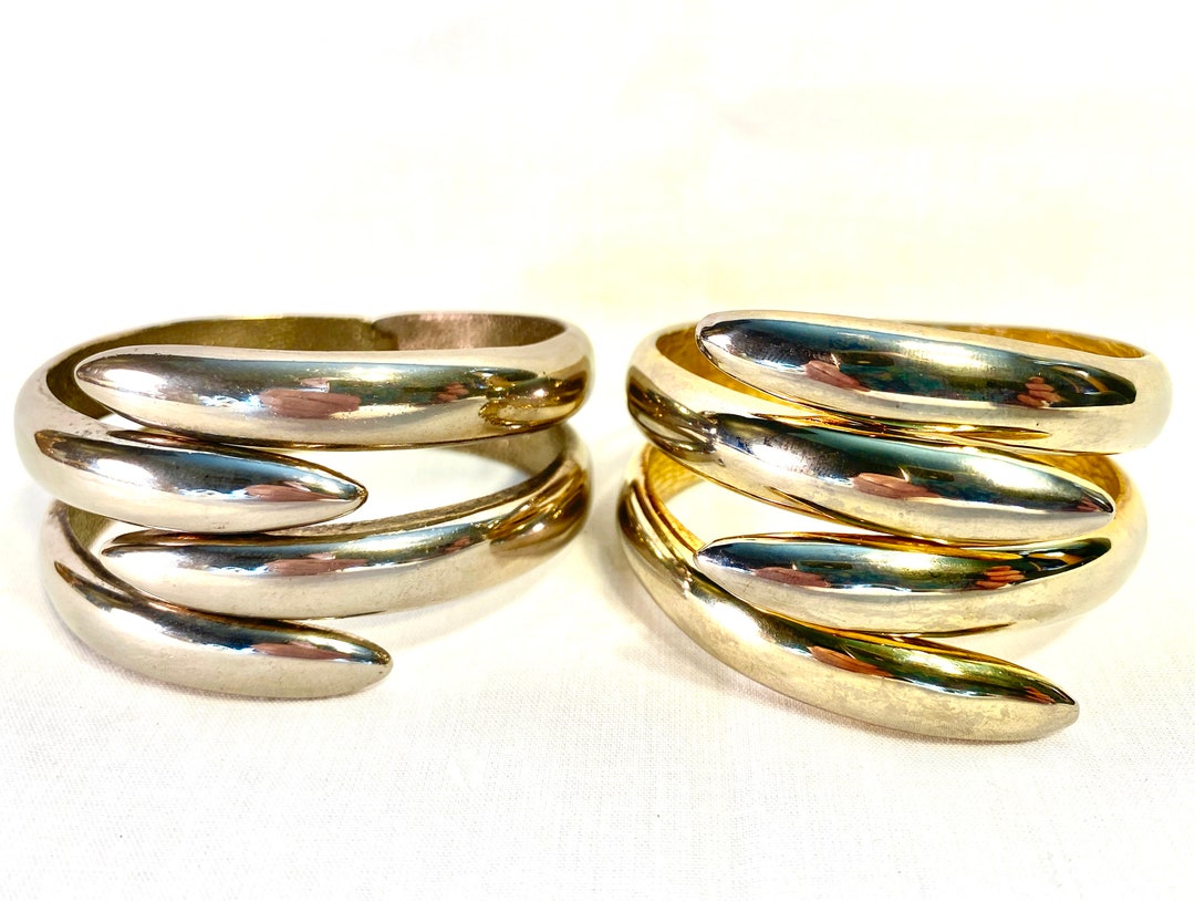 TWO Vintage Silver Gold Clamp Bypass Clamper Cuff Bracelets Retro Estate Jewelry Fashion Gifts