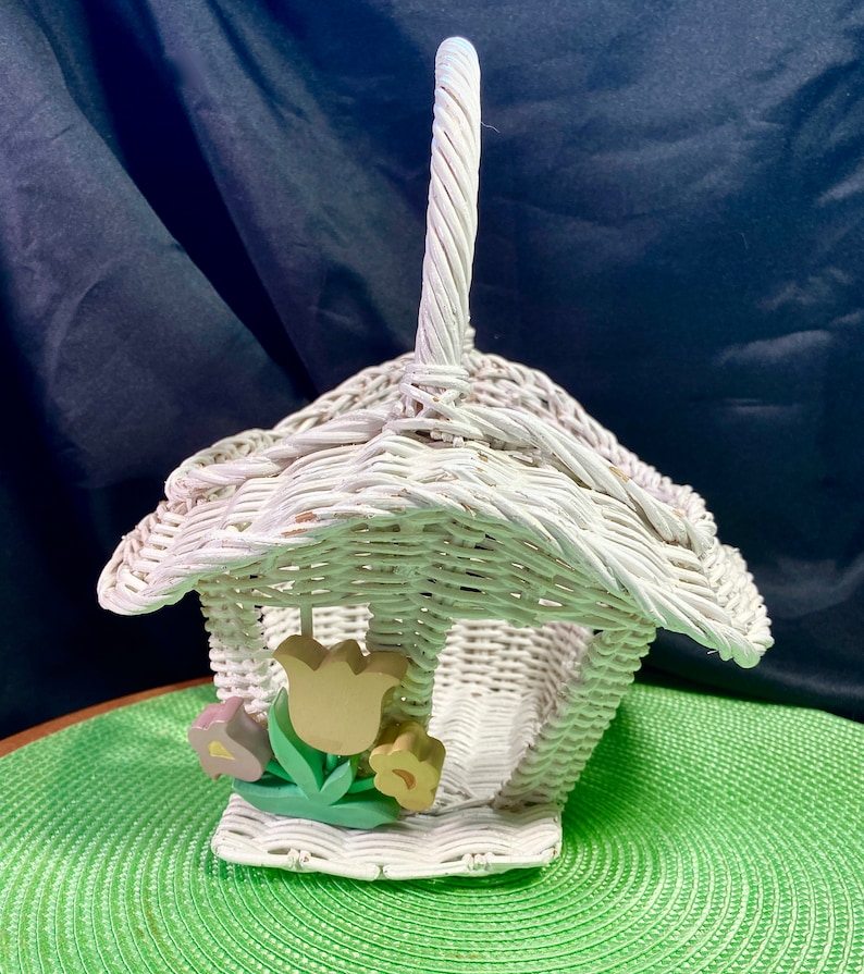 Charming White Wicker Basket Shaped Like House With Wood Tulip Floral Country Cottage Easter