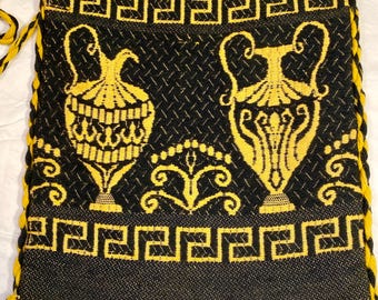 Woven Greek Urn Key Tagari Tote Shoulder Bag Black with Yellow / Gold Design 14 x 15"
