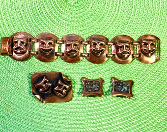Vintage Copper Comedy Tragedy Theatre Masks Jewelry Set Bracelet Brooch Clip On Earrings
