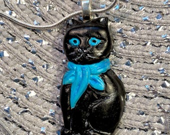 Hand Made Black Cat Blue Eyes with Scarf Pendant Necklace  Kitten Feline Gifts