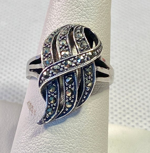 Vintage Sterling Silver Marcasite Art Deco Ring Signed R 925 Size