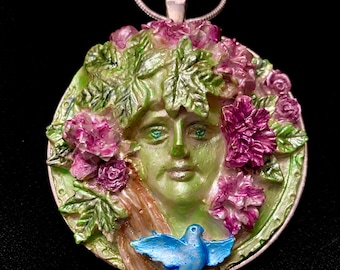 Hand Painted Green Woman of the Forest Celtic Pendant Necklace Medallion Plaque Ornament  Nature Garden Decor