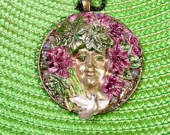 Hand Painted Green Woman Dryad White Dove Forest Celtic Pendant Necklace Medallion Plaque Ornament  Nature Garden Decor