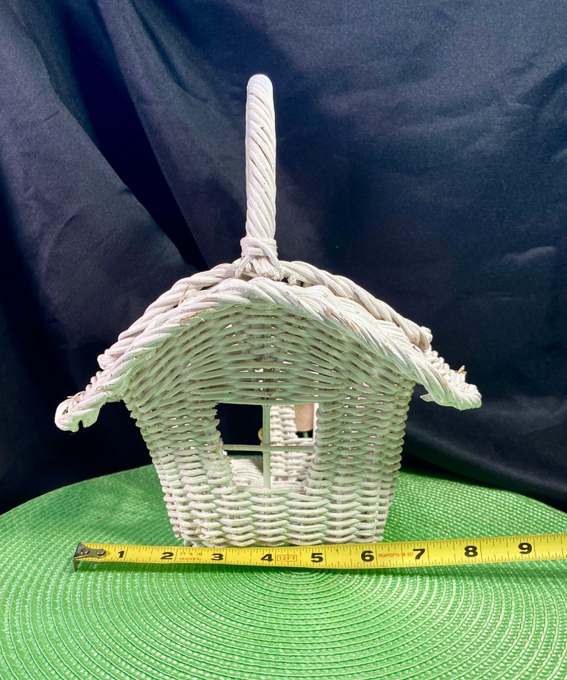 Charming White Wicker Basket Shaped Like House With Wood Tulip Floral Country Cottage Easter