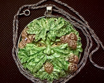 Hand Painted Green Man Forest Celtic Pendant Necklace Medallion Plaque Ornament  Nature Garden Decor
