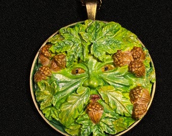 Hand Painted Green Man of the Forest Celtic Pendant Necklace Medallion Plaque Ornament  Nature Garden Gifts Decor