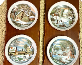 Four Currier And Ives Miniature Plates Winter Farmer Homestead Wilderness Scenes Mounted on Wood Plaques