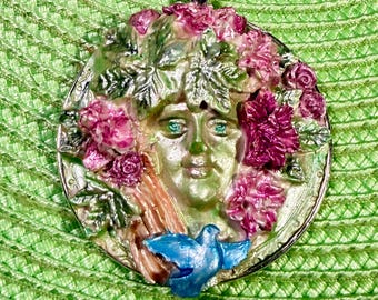 Hand Painted Green Woman Dryad Blue Bird Forest Celtic Pendant Necklace Medallion Plaque Ornament  Nature Garden Decor