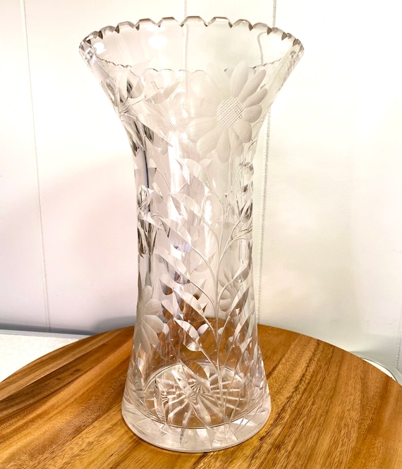 Vintage Heavy Tall Cut Glass Vase Lovely Floral Pattern Etsy