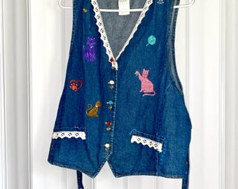 Hand Painted Vintage Denim Vest Hand Painted Cat Theme Size Large 16-18