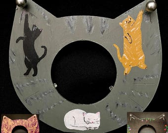 CAT Kitten Photo Frames with Earrings Hand Painted Wood  Hang or Use FREE Display Stand Gray Tabby Purple Gold Black Floral