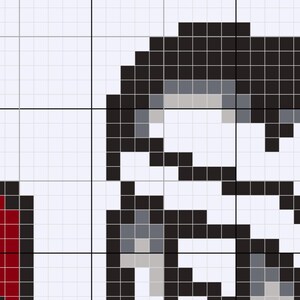 May include: Pixel art of a character with black hair and a white background. The character has a black and grey face and a red and black design on the left side. The image is composed of small squares.