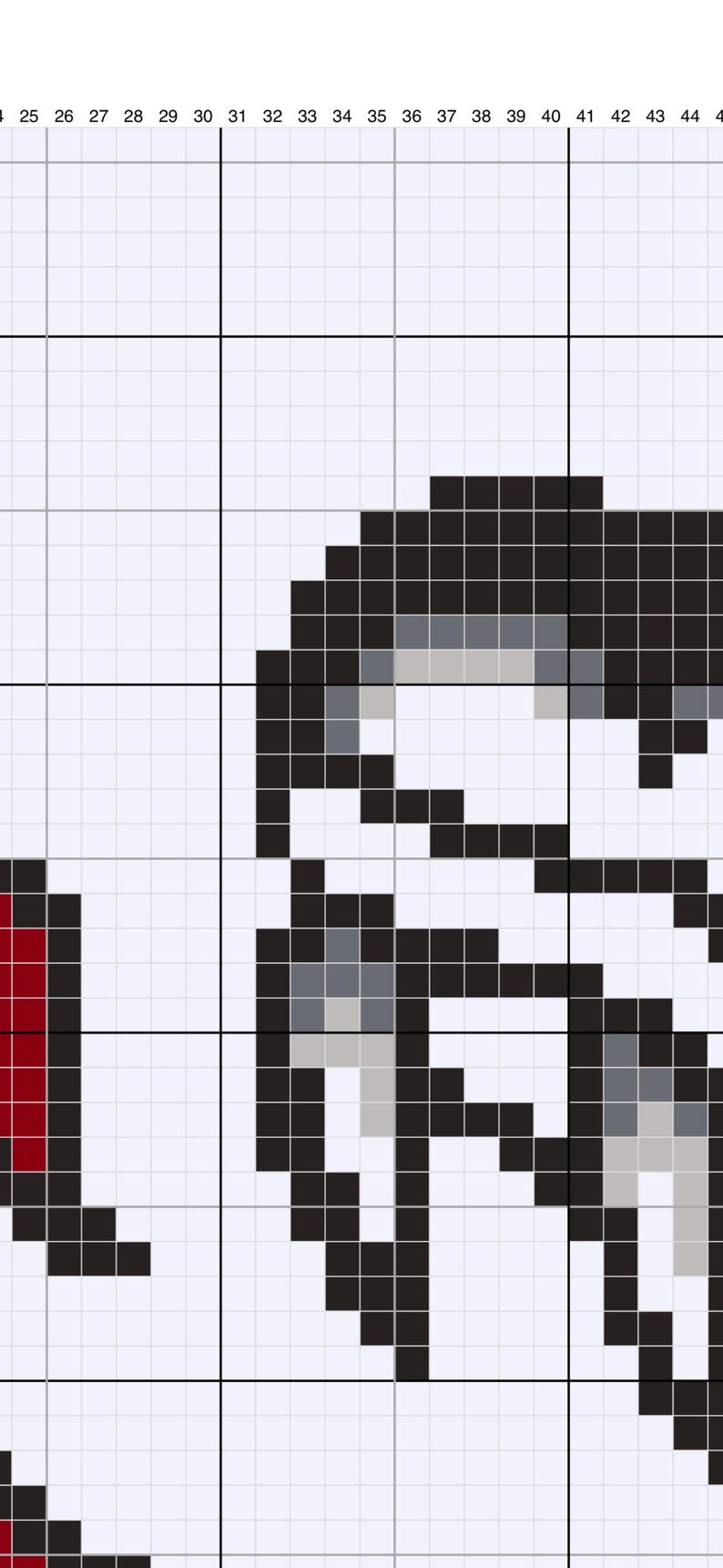 May include: Pixel art of a character with black hair and a white background. The character has a black and grey face and a red and black design on the left side. The image is composed of small squares.