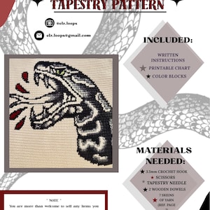 Può includere: Un modello di arazzo con un design a serpente tradizionale. Il modello include istruzioni scritte, un grafico stampabile e blocchi di colore. Materiali necessari: un uncinetto da 3,5 mm, forbici, un ago da tappezzeria, 2 tasselli di legno e 7 matasse di filo.