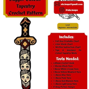 May include: A crochet pattern for a dagger-shaped tapestry. The design features a decorative handle and three faces. The pattern includes a full-size chart, color block chart, and written instructions. The image also includes the seller's contact information.
