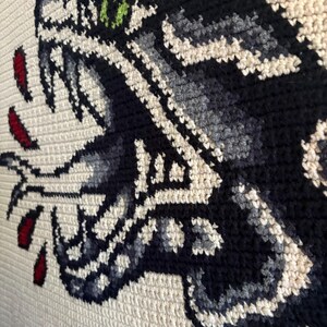 May include: Close-up of a cream-coloured crocheted textile featuring a detailed design of a snake's head. The snake is depicted in shades of black, grey, and white, with red accents and a green eye. The crochet stitches are visible.